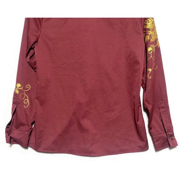 Zeroyaa Embroidered Shirt Men's Small Burgundy Red Snap Buttons Long Sleeve - Picture 6 of 9